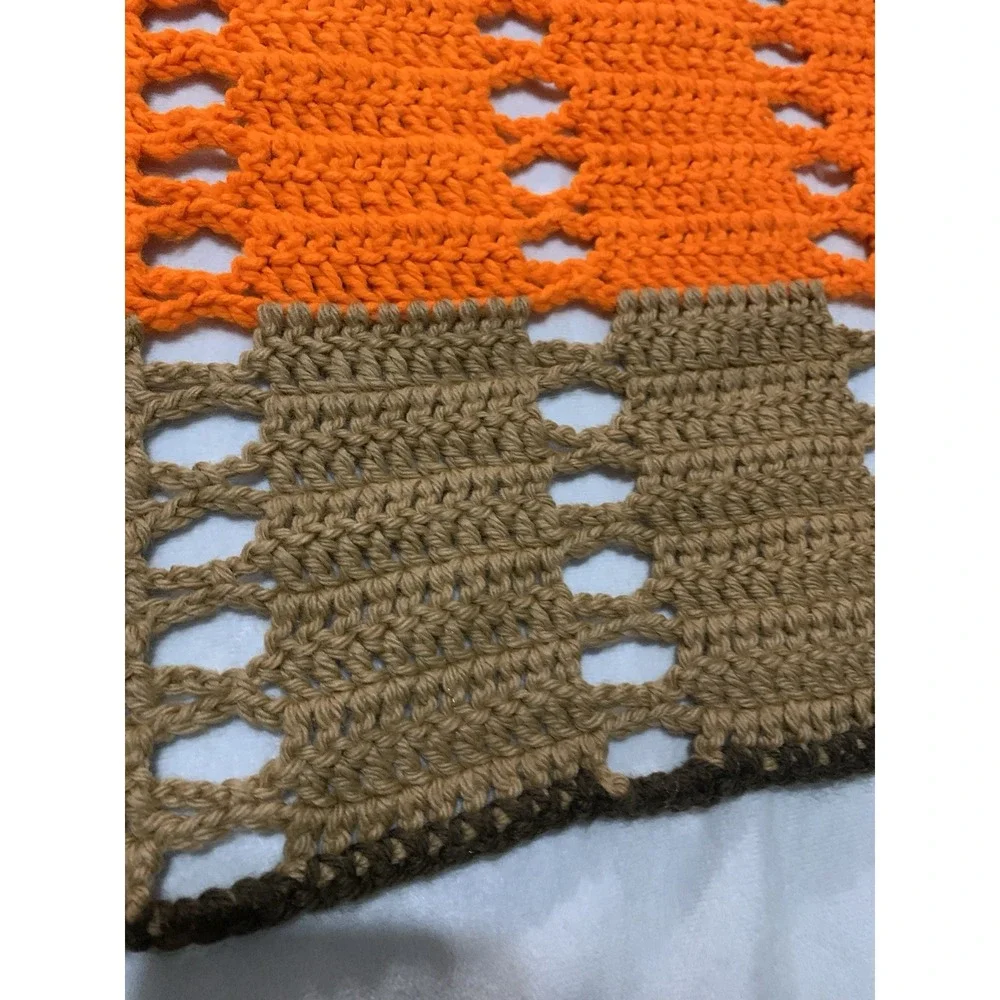 Vintage Hand Crochet Or Knit Afghan Throw  48 x 54 Orange Brown